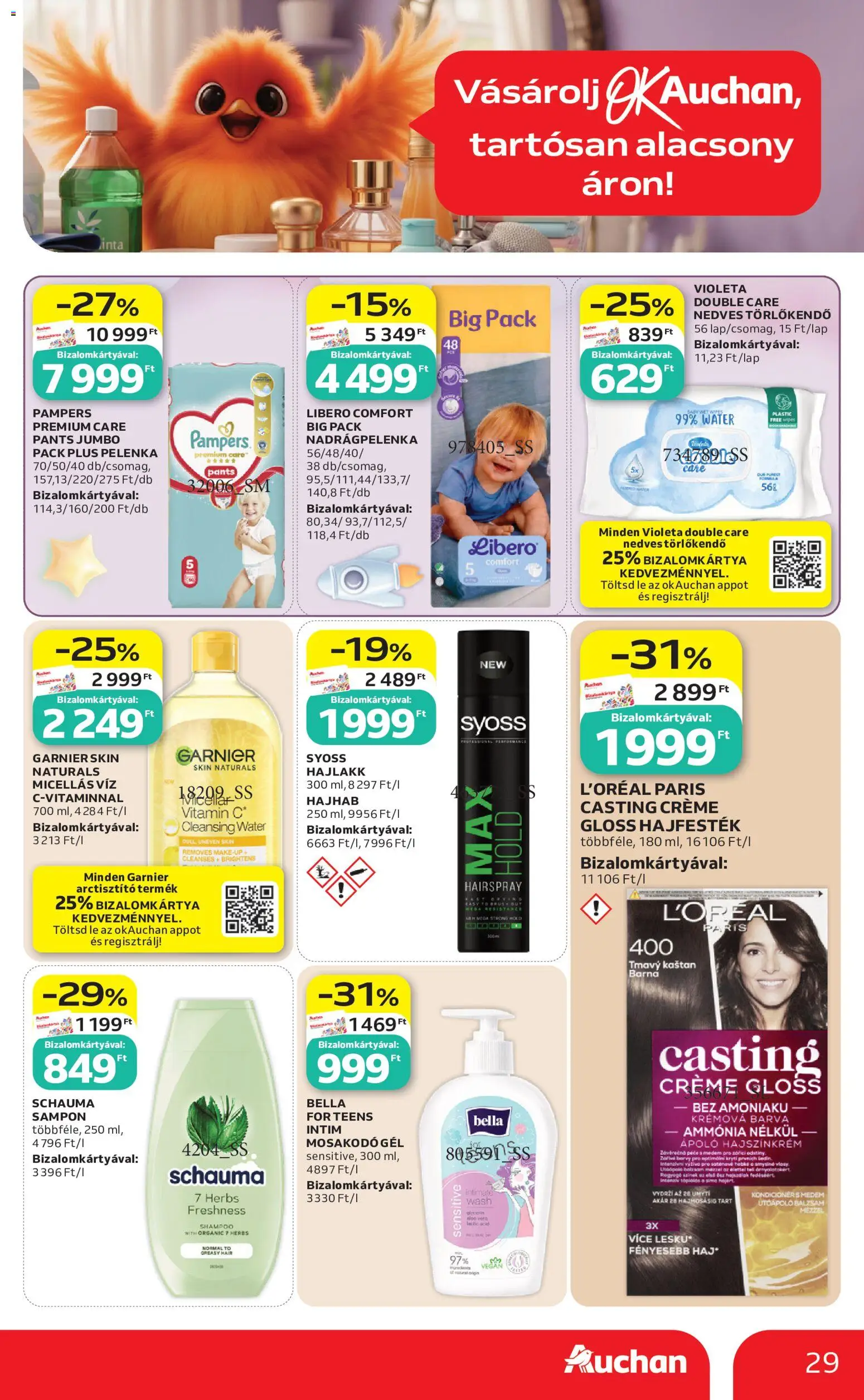Auchan akciós ujság - amely érvényes a következő dátumtól: 18.06.2026 | Oldal: 29 | Termékek: Hajhab, Nedves törlőkendő, Sampon, Hajlakk
