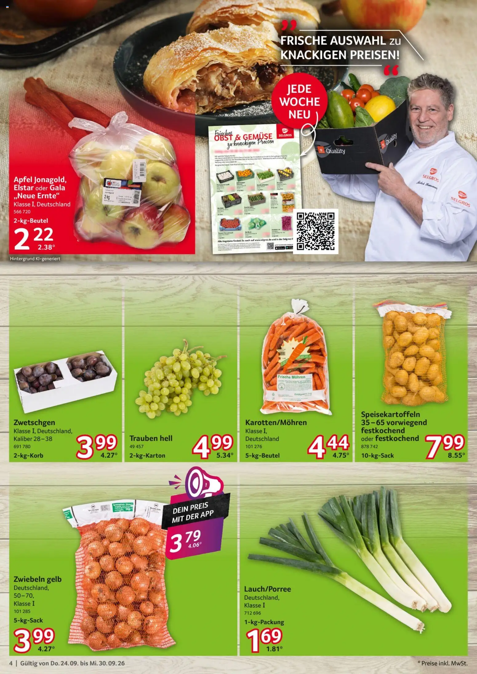 Selgros Prospekt – gültig ab 24.09.2026 | Seite: 4 | Produkte: Trauben, Äpfel, Zwetschgen, Zwiebeln