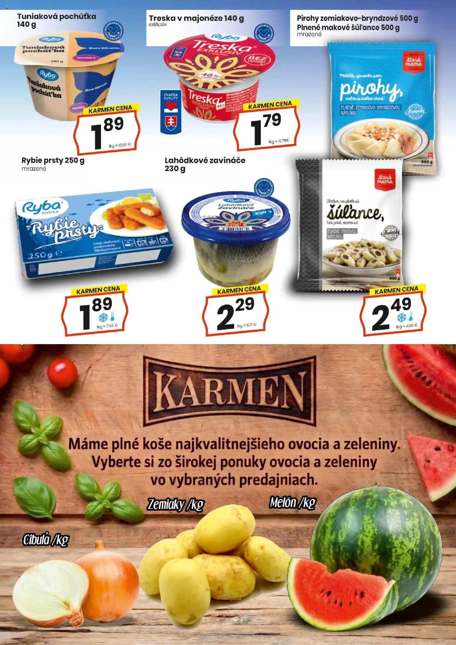 Nové KARMEN CBA akcie – leták je platný od 20.08.2026 | Strana: 8 | Produkty: Pirohy, Rybie prsty, Zemiaky, Melón