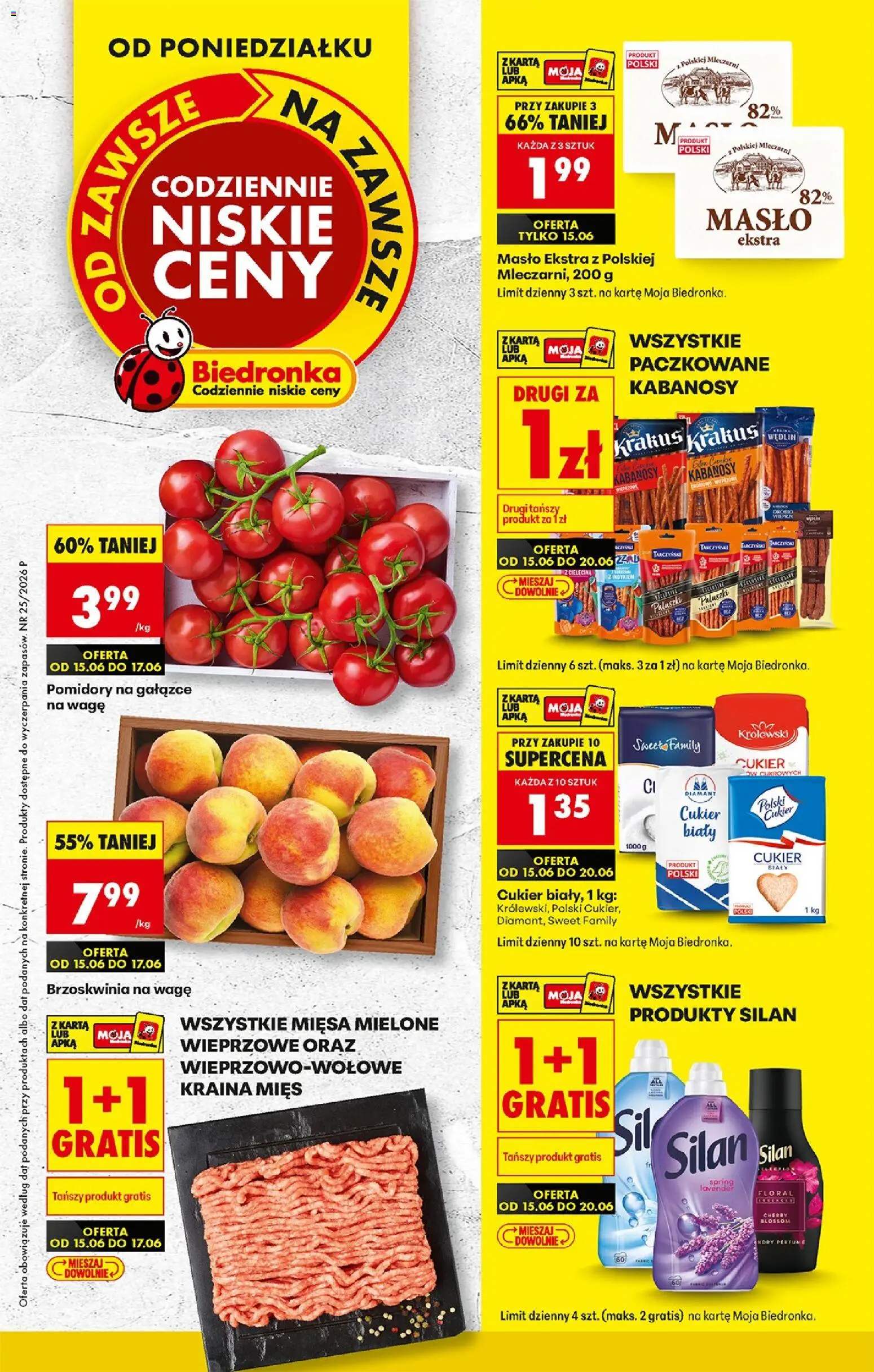 Biedronka gazetka od poniedziałku od 15.06.2026 | Strona: 1 | Produkty: Karta, Kraina mięs, Kabanosy, Masło