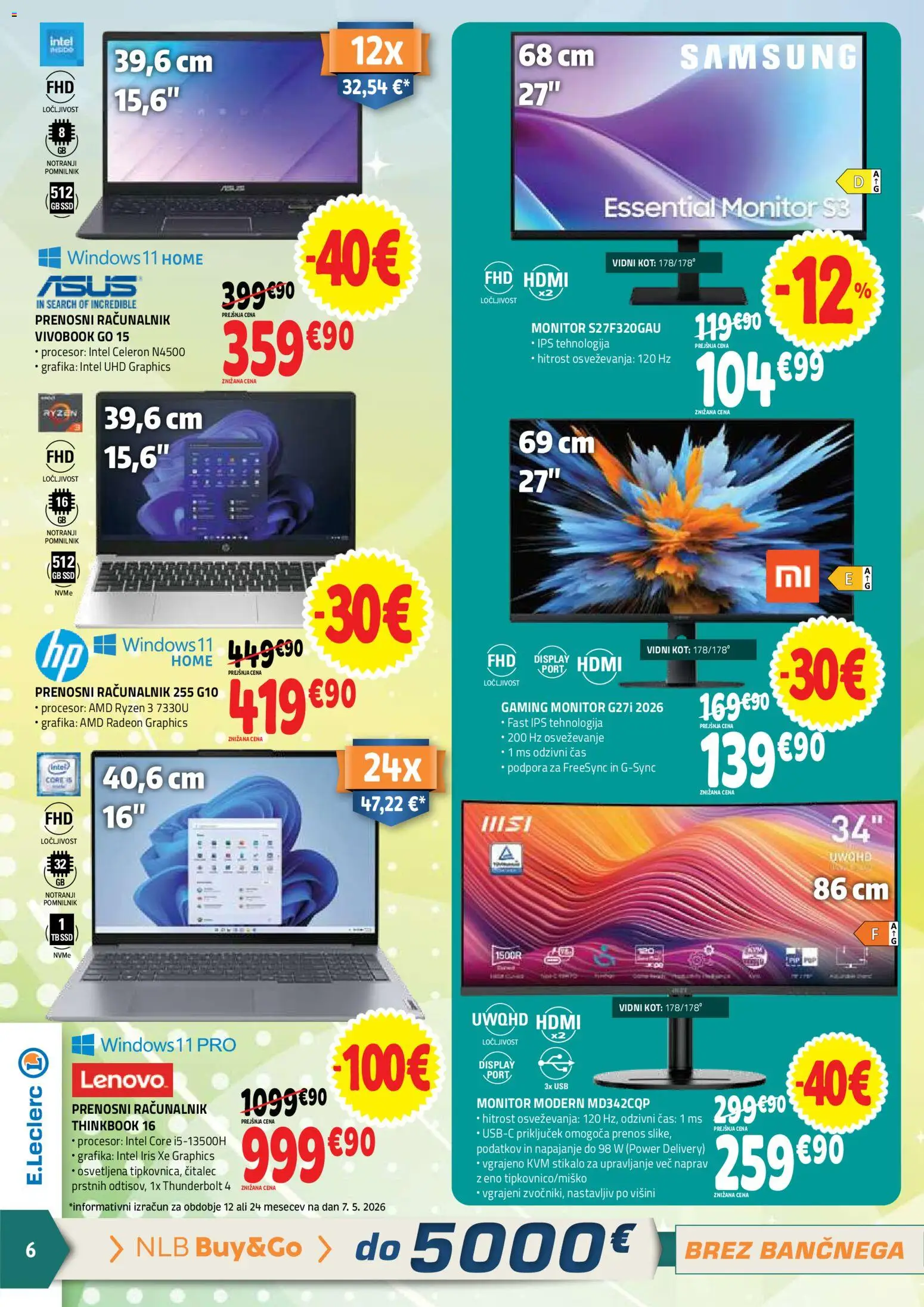 Novi E.leclerc katalog ponudbe – veljaven od 20.05.2026 | Stran: 6 | Izdelki: Prenosni racunalnik, Monitor, Racunalnik, Usb