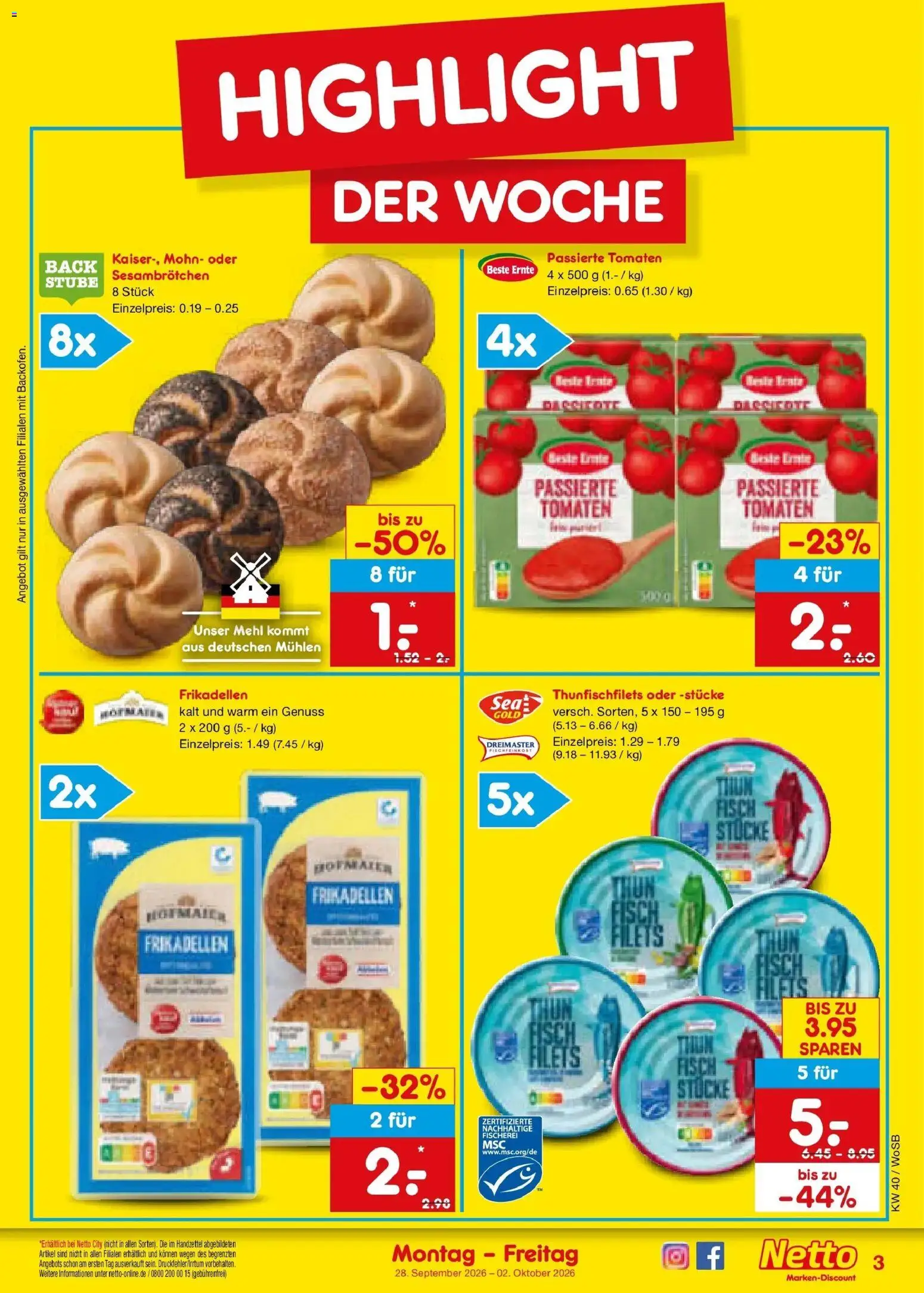 Netto Marken-Discount Prospekt Mannheim – gültig ab 28.09.2026 | Seite: 3 | Produkte: Mehl, Tomaten, Fisch
