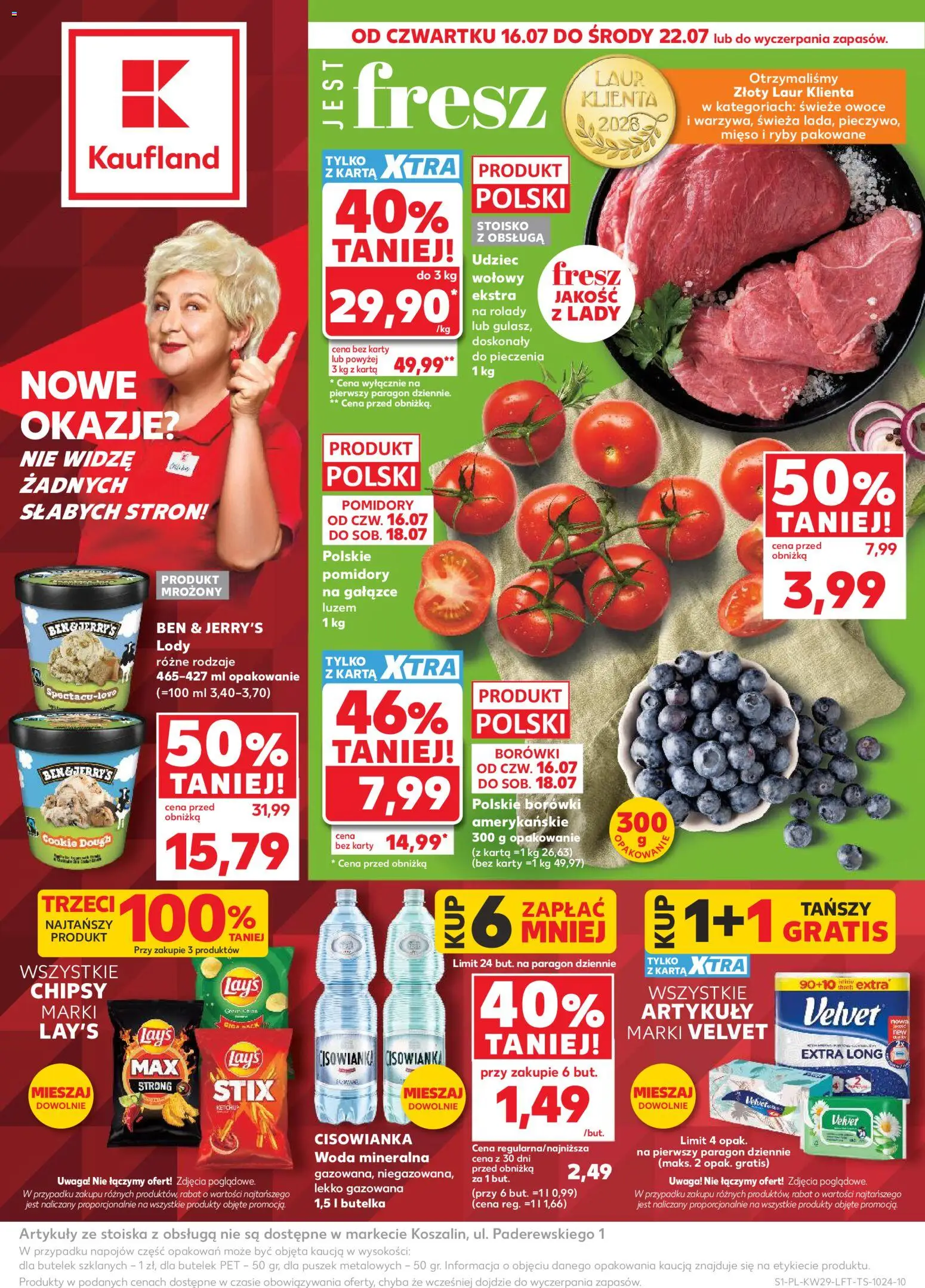 Kaufland Polsko leták od 16.07.2026 | Strana: 1 | Produkty: Ryby, Ben & Jerry's, Velvet, Karty