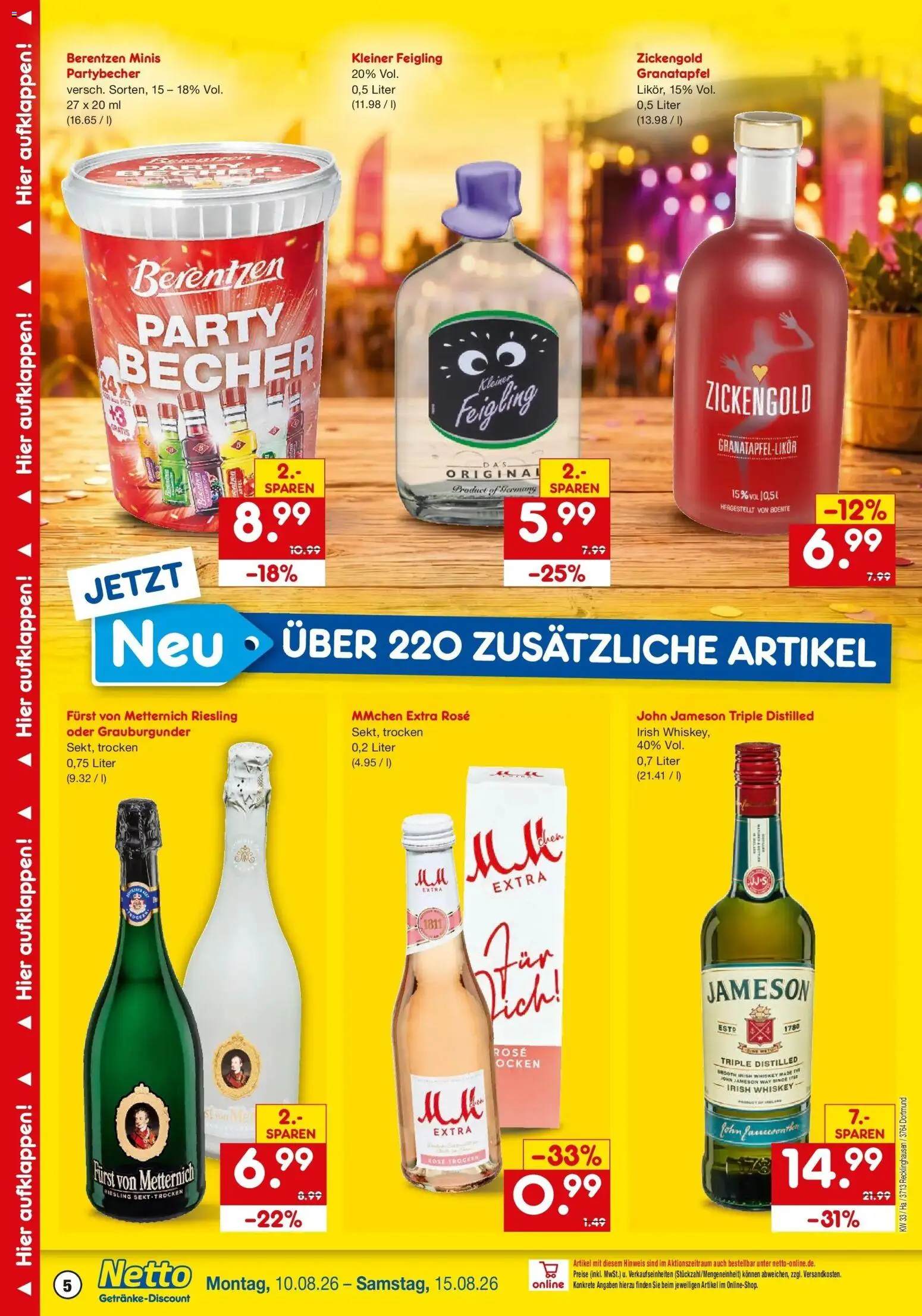 Netto Marken-Discount Prospekt Dortmund (ab 10.08.2026) » Angebote | Seite: 5 | Produkte: Met, Furst von metternich, Kleiner feigling, Whiskey