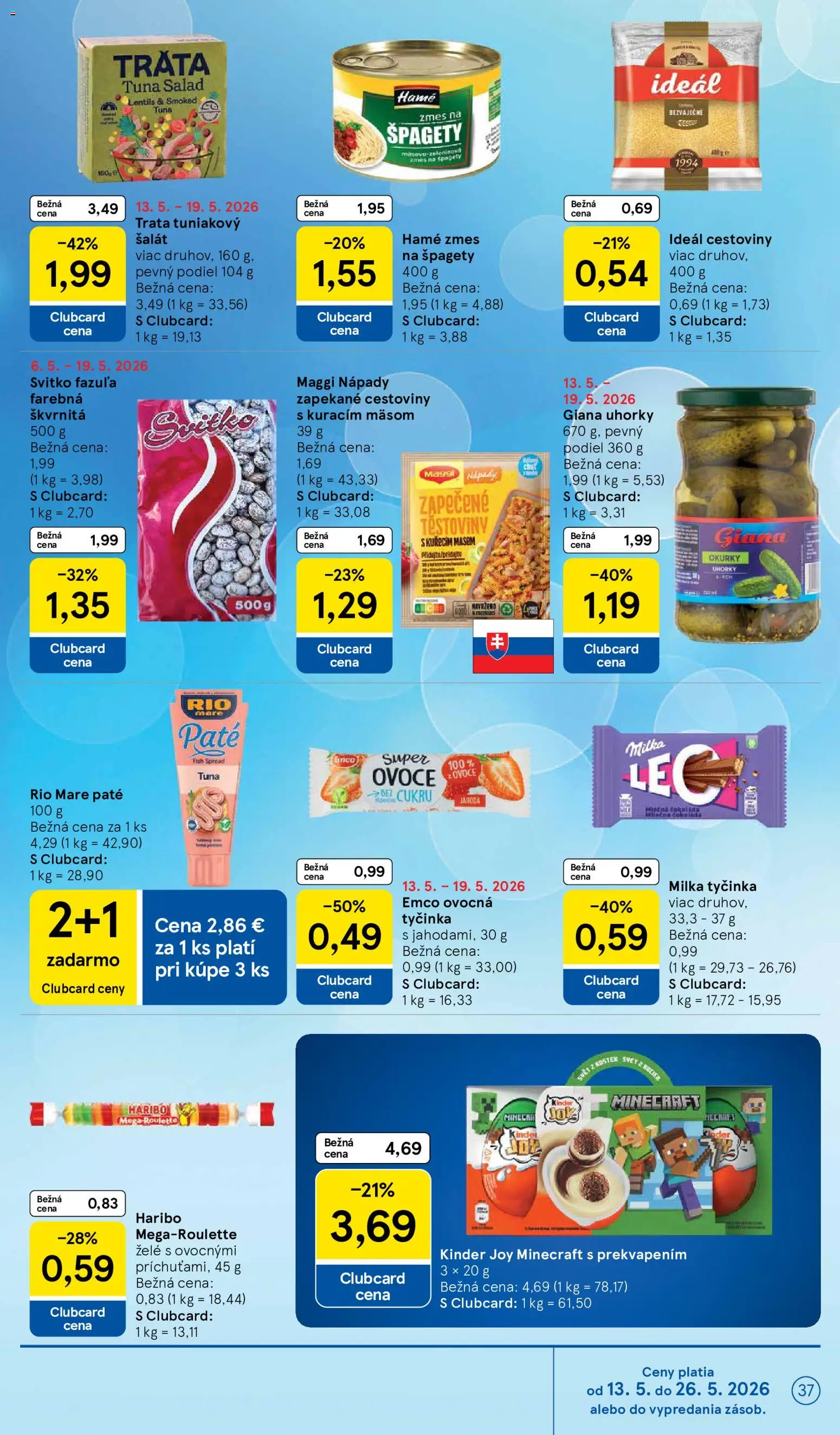 Nové Tesco akcie – leták je platný od 13.05.2026 | Strana: 37 | Produkty: Cestoviny, Fazuľa, Rio Mare, Uhorky