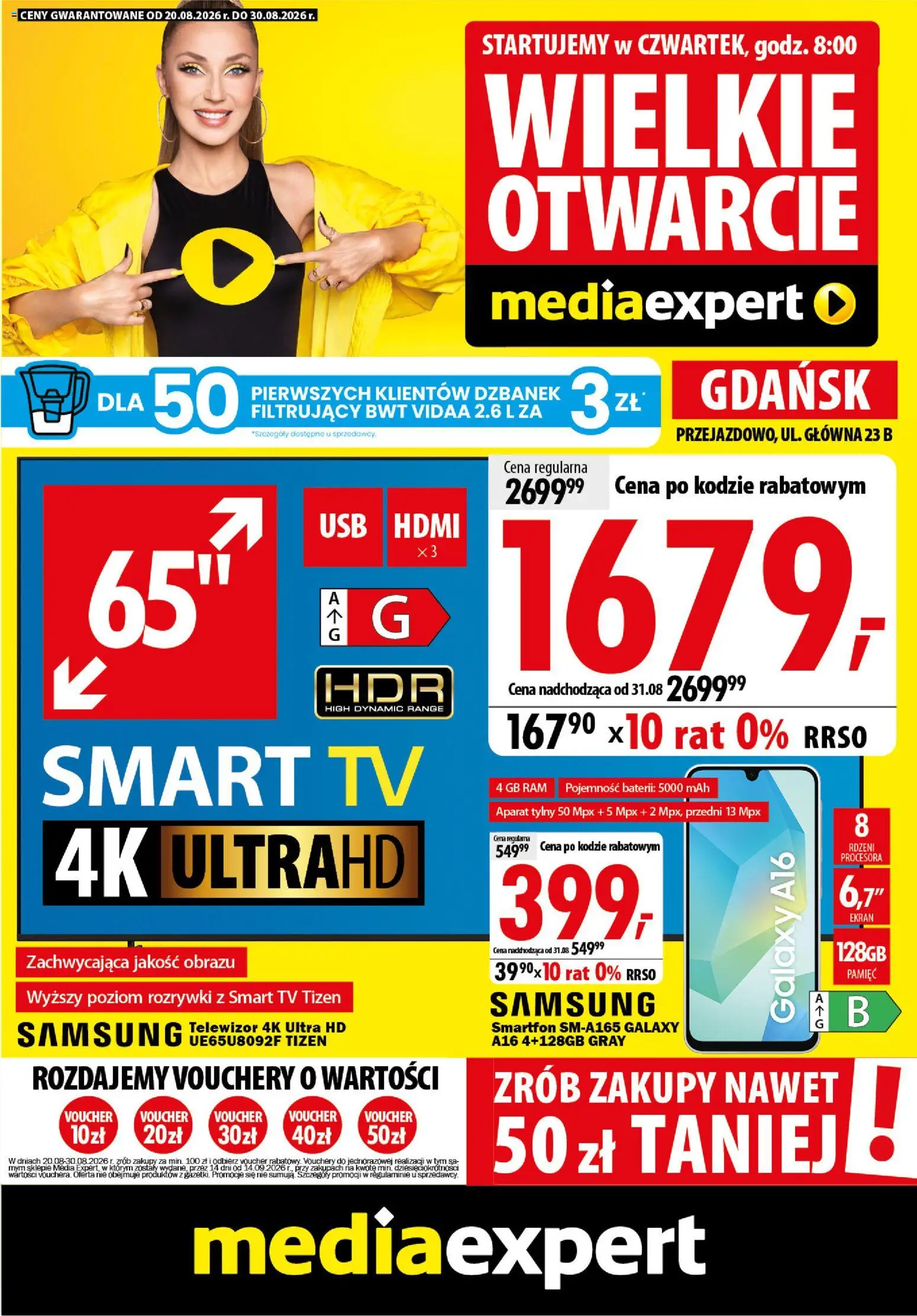 Mediaexpert promocje - Wielkie otwarcie Gdańsk od 20.08.2026 | Strona: 1 | Produkty: Dzbanek, Smartfon, Telewizor