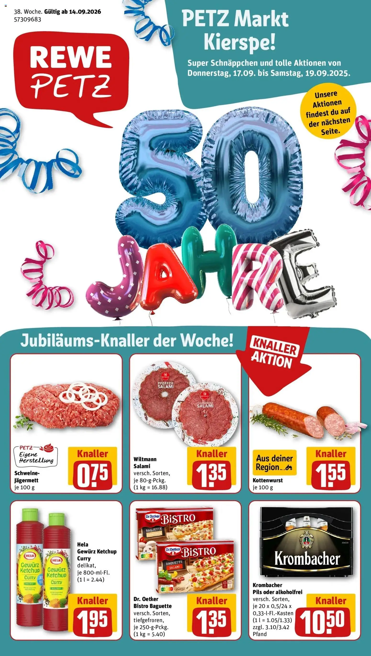 REWE Prospekt ab 14.09.2026 zum Blättern » Angebote | Seite: 1 | Produkte: Baguette, Krombacher, Salami, Ketchup